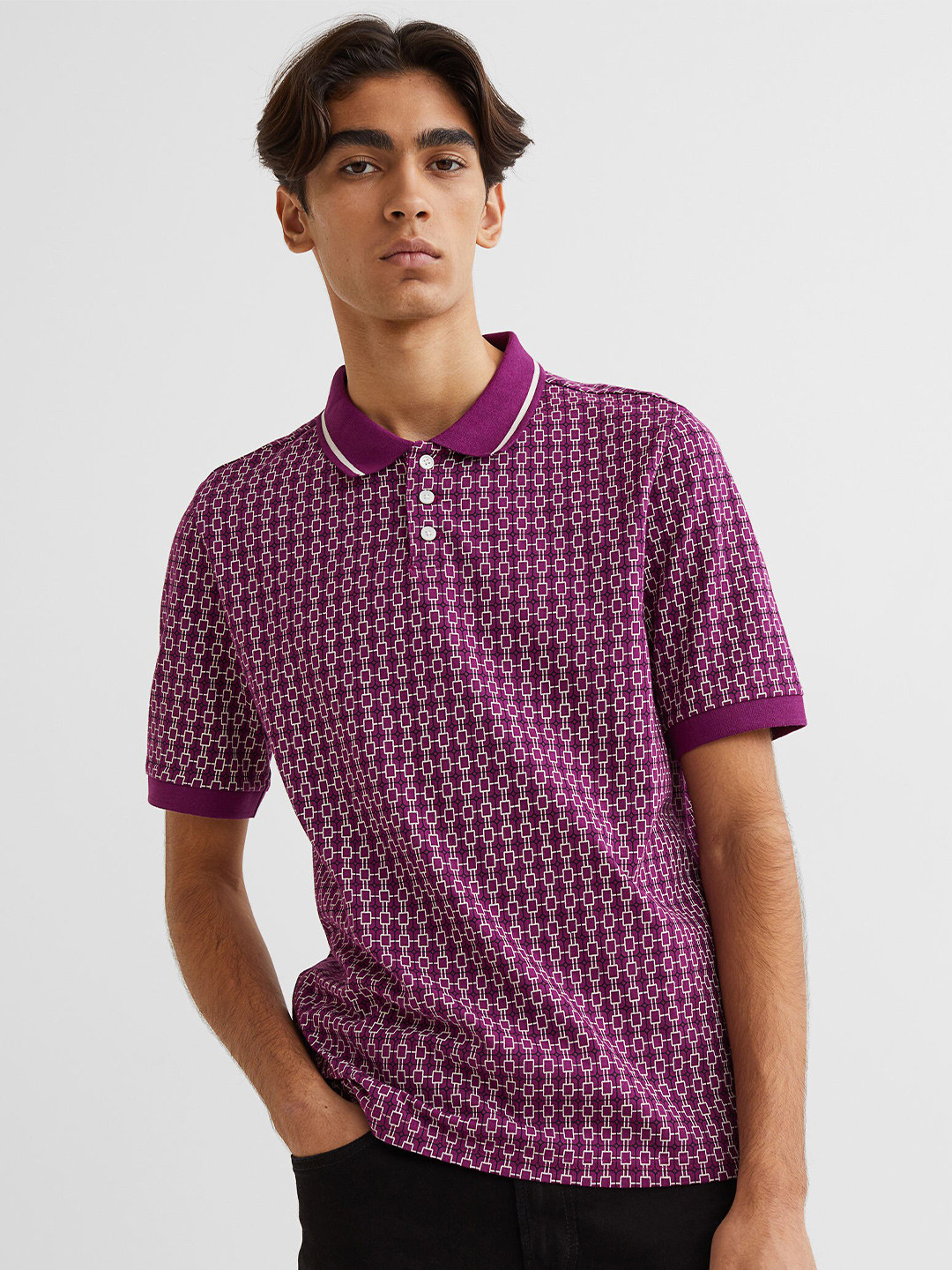 

H&M Men Purple Printed Slim Fit Jersey Polo Cotton T-shirt