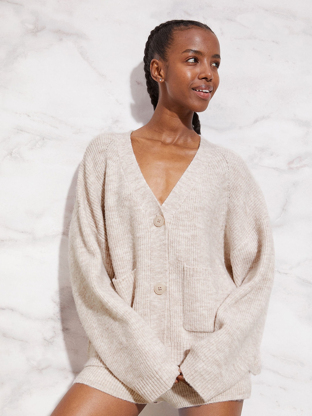 

H&M Women Beige Rib-Knit Cardigan