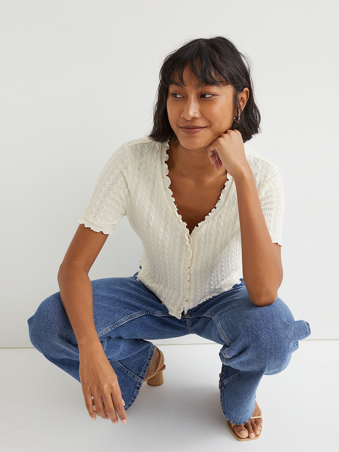 

H&M Women White Cable Knit Cropped Cardigan