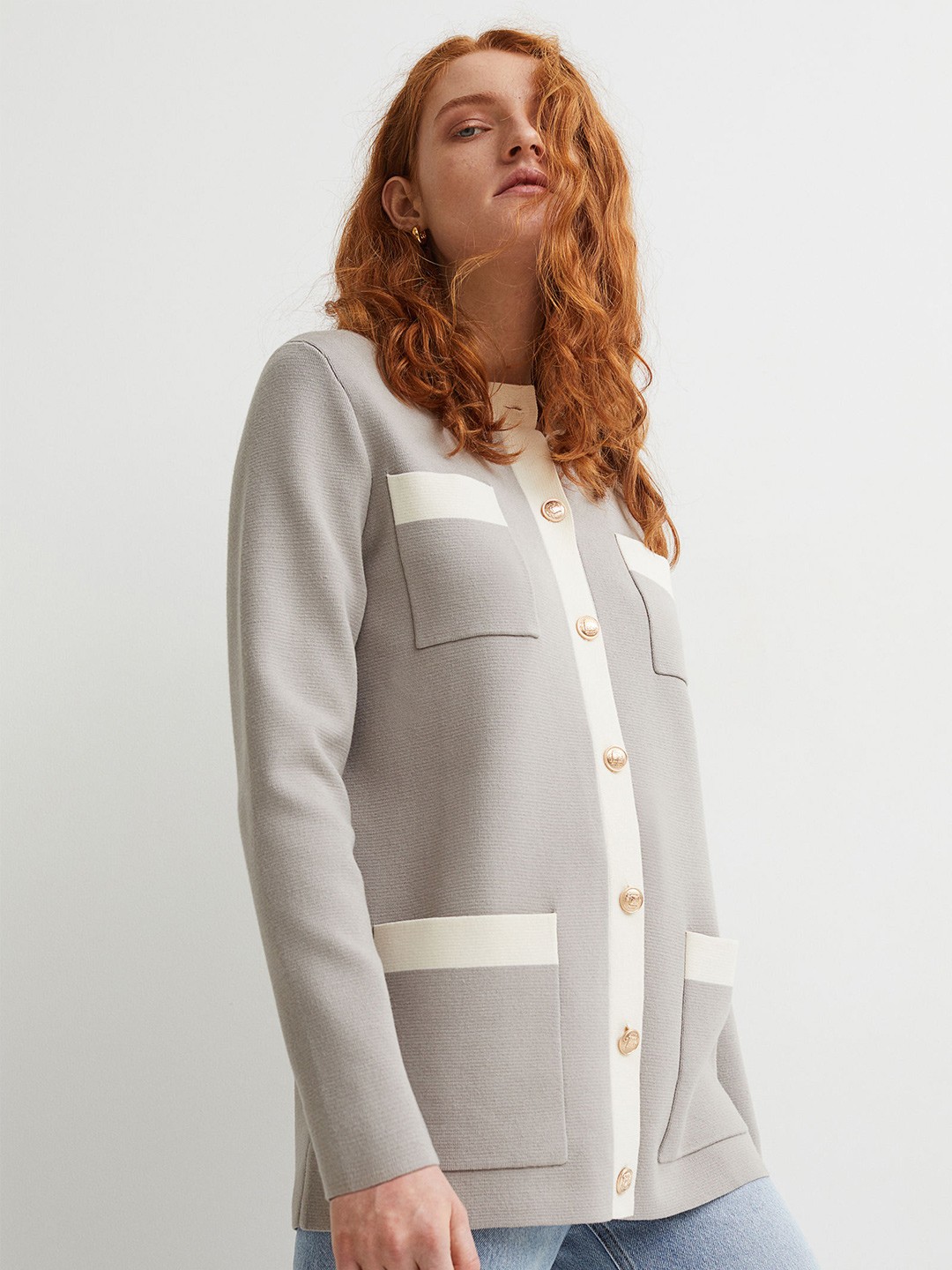 

H&M Women Grey Pocket-Detail Knitted Cardigan