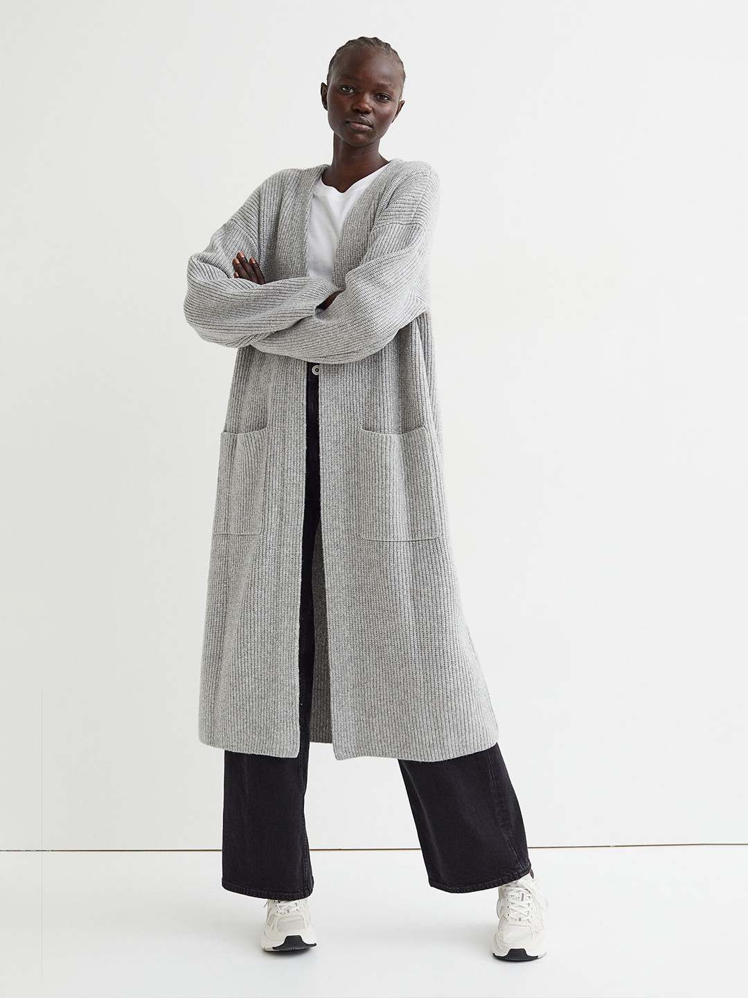

H&M Women Grey Ribbed Long cardigan