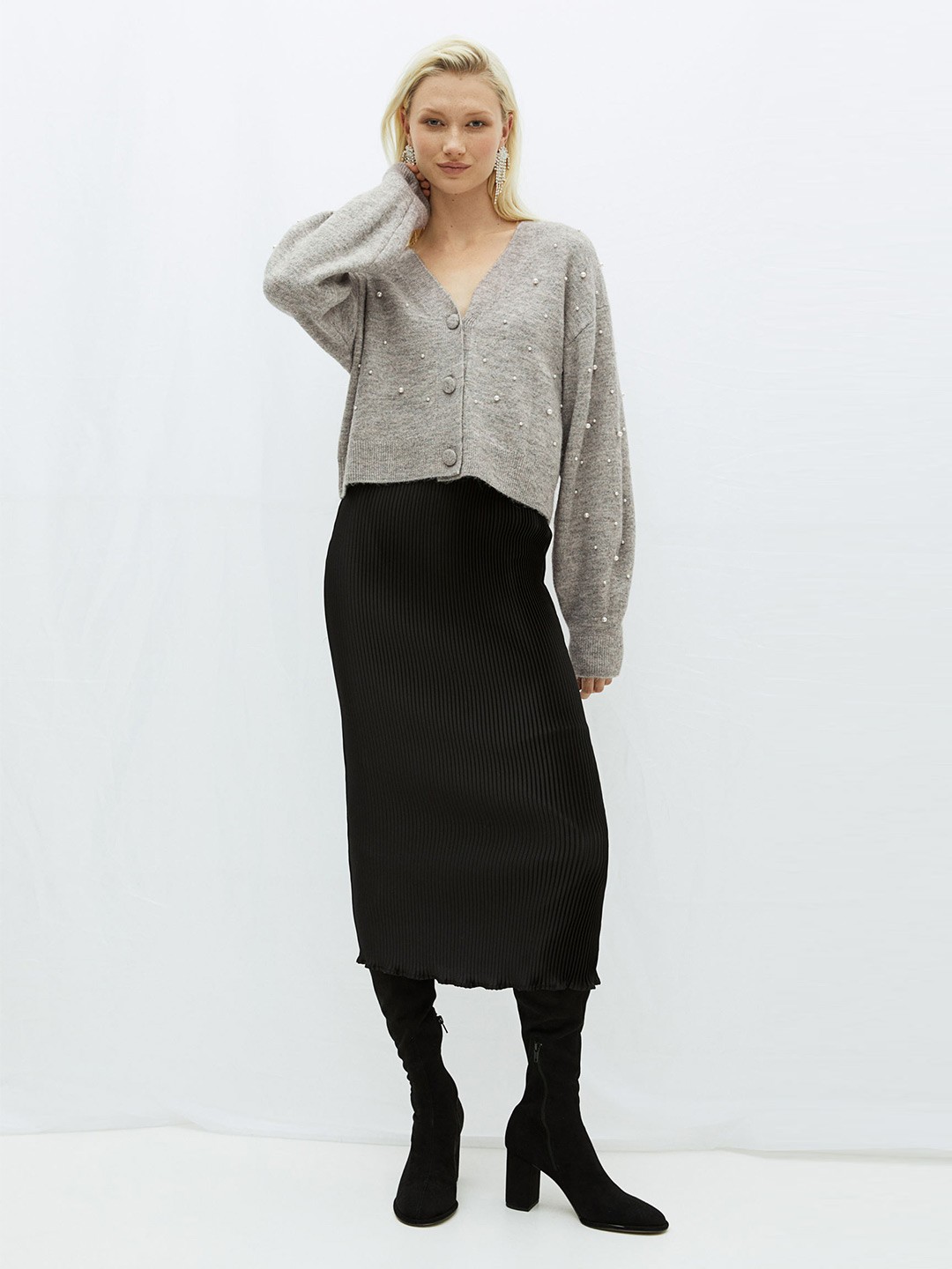 

H&M Women Grey Bead-Detail Knitted Cardigan