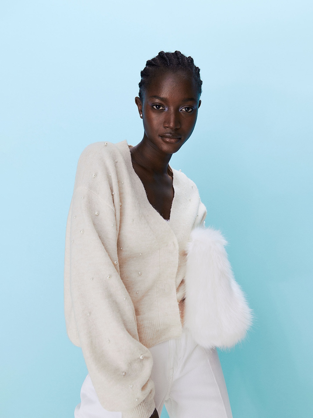 

H&M Women Beige Bead-Detail Knitted Cardigan
