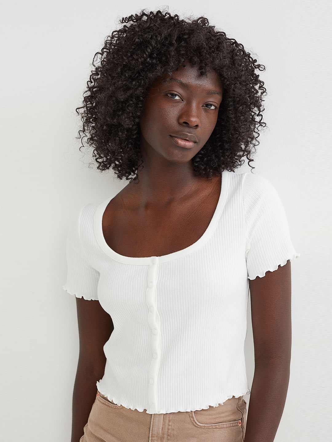 

H&M Women White Rib-Knit Crop Cardigan