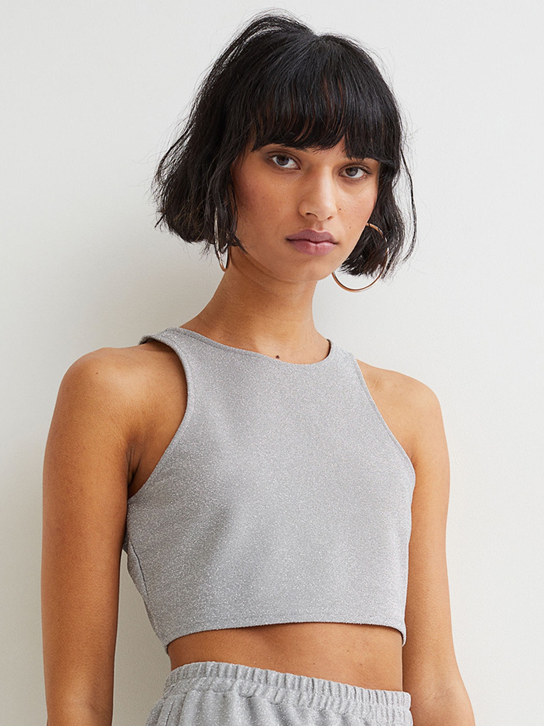 

H&M Women Grey Glittery Cropped Top