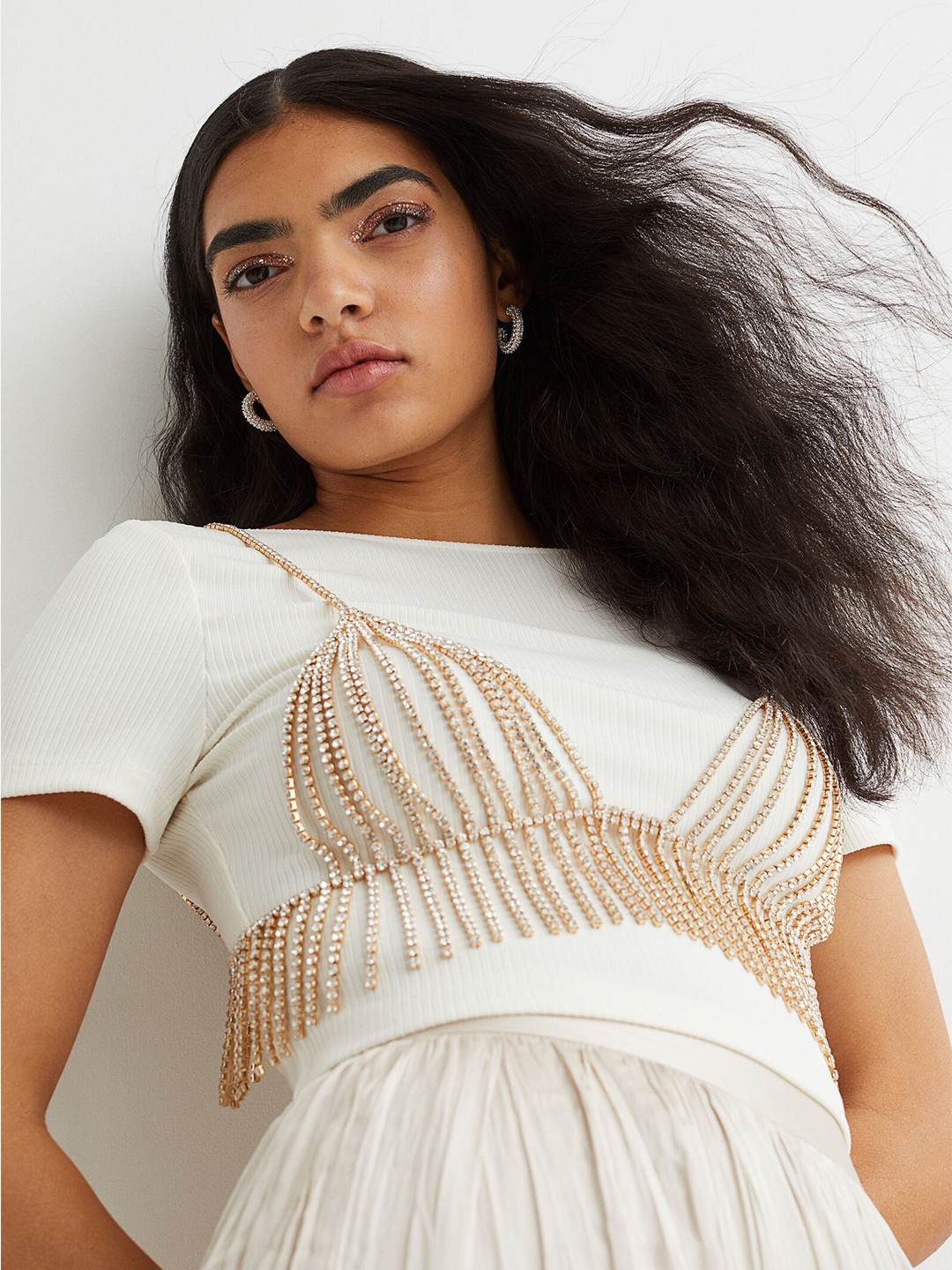 

H&M Women White Rhinestone-Decorated Top
