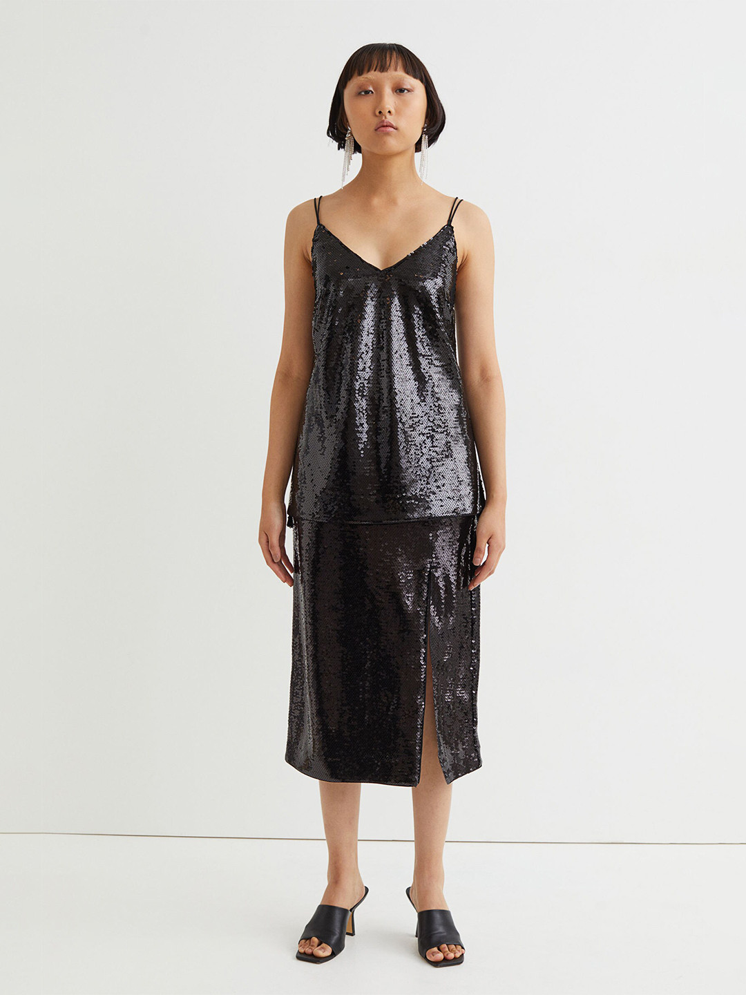 

H&M Women Black V-Neck Sequined Strappy Top