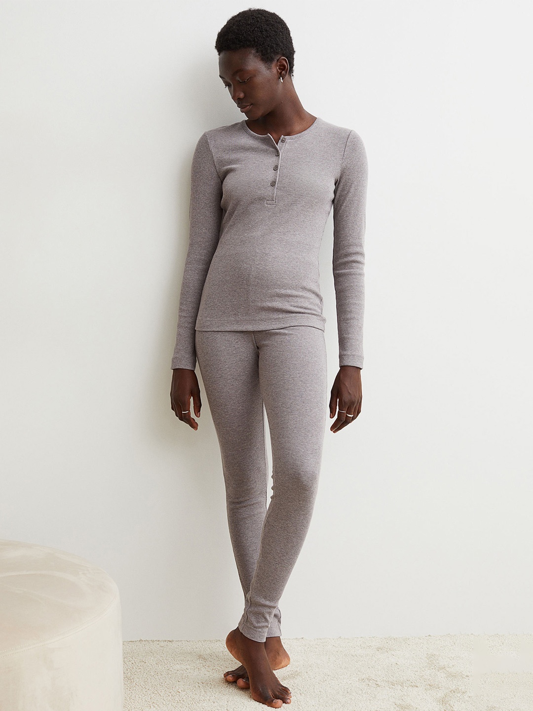 

H&M Women Grey Ribbed Modal-blend Henley Neck Top