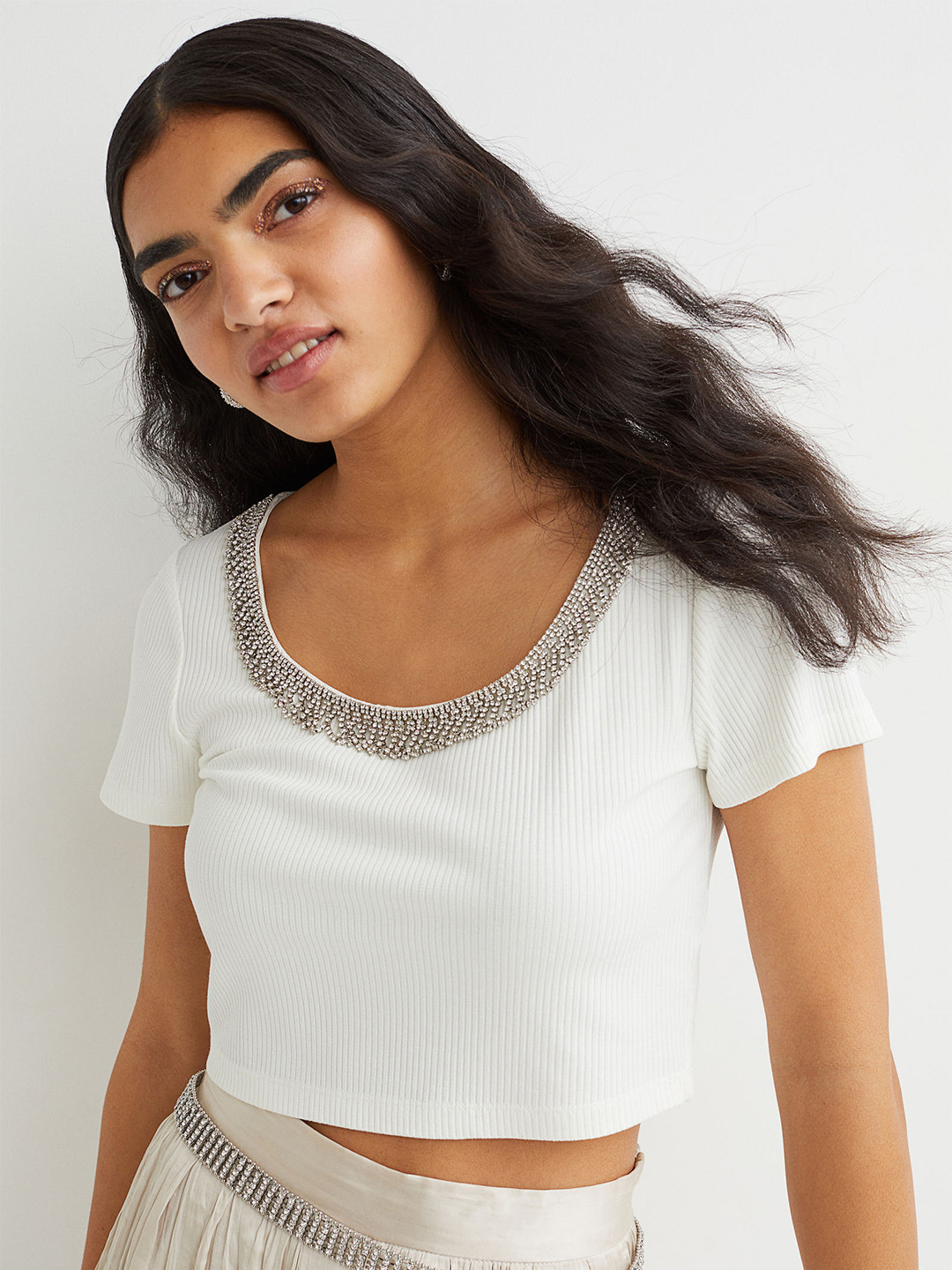 

H&M Women White Ribbed Crop Top With Rhinestone-detail