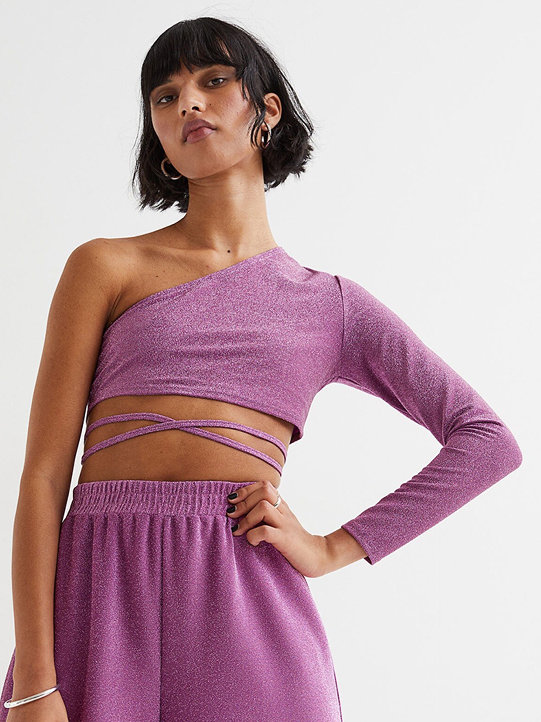 

H&M Women Pink Solid One Shoulder Top With Tie- Up Details
