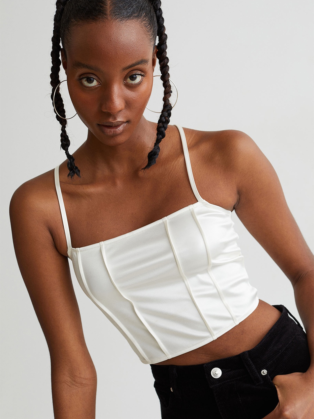 

H&M Women White Striped Shoulder Strap Crop Top