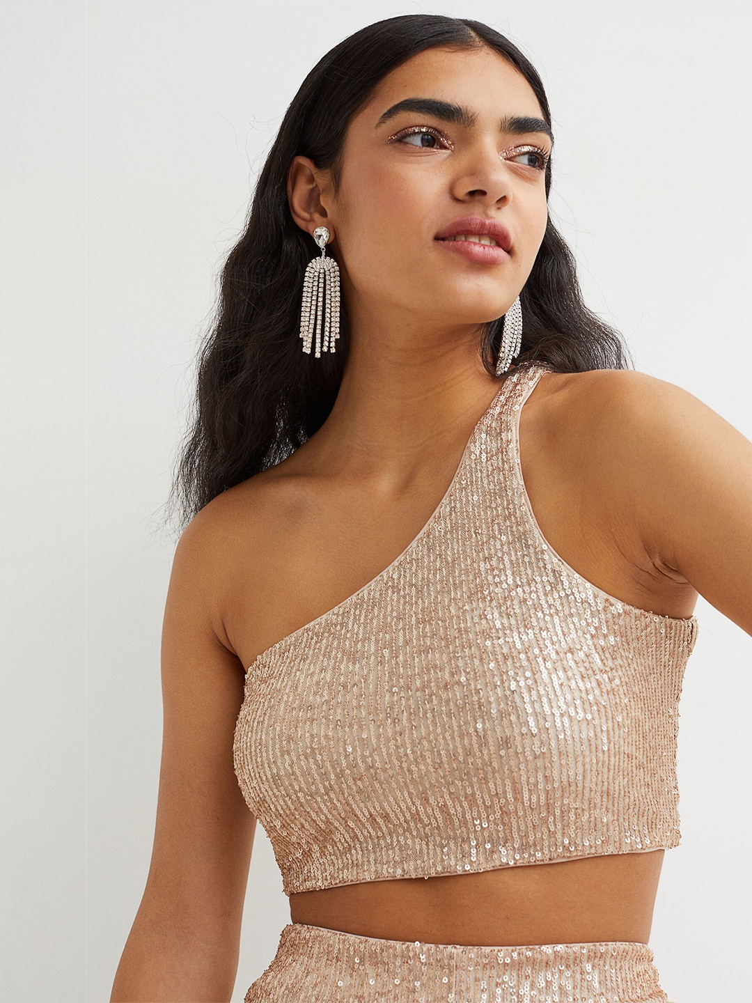 

H&M Women Gold- Toned Sequined Off Shoulder Crop Party Top