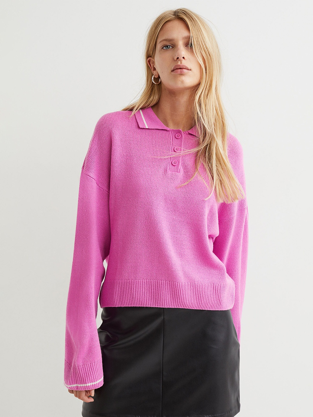 

H&M Women Pink Ribbed Collared Jumper