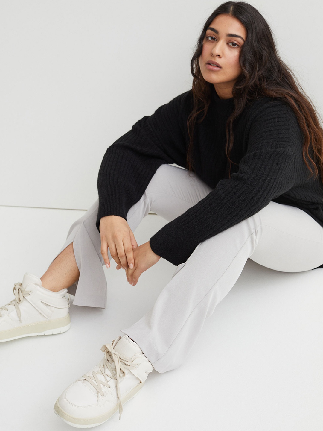 

H&M Women Grey & Beige Solid Slit-Hem Flared Trousers