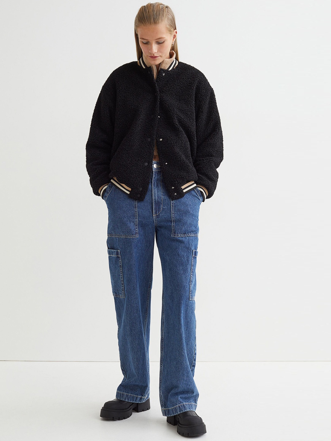 

H&M Women Black Faux shearling baseball jacket