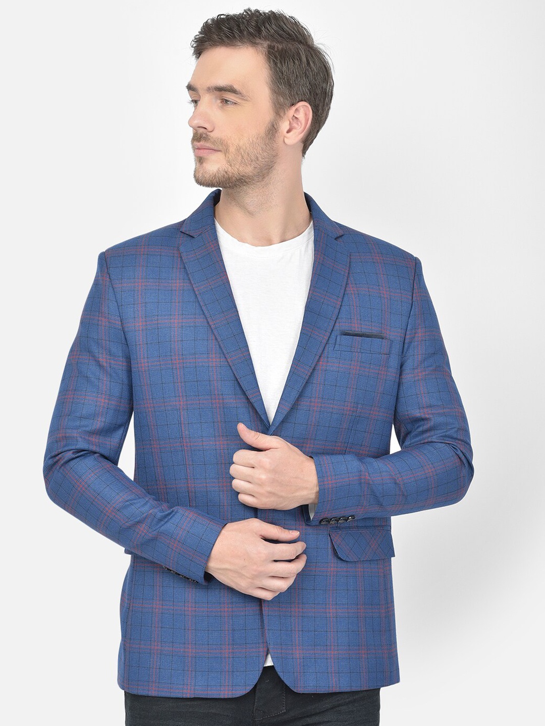 

Canary London Men Blue & Black Checked Slim Fit Blazer