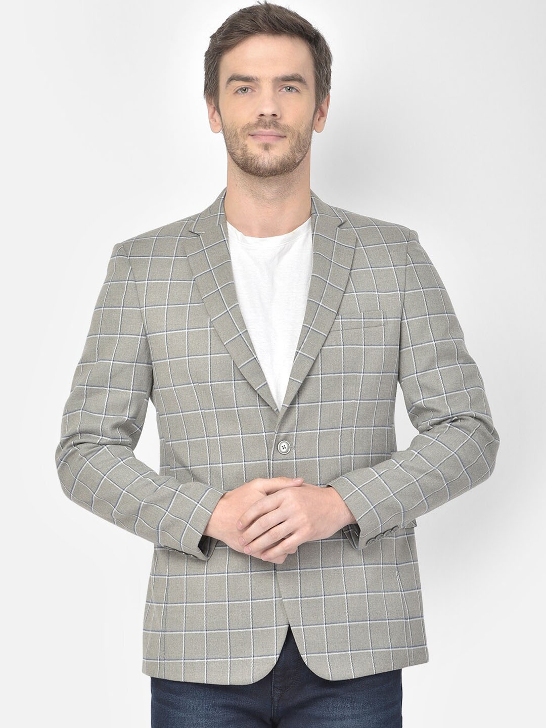 

Canary London Men Grey & White Checked Slim-Fit Single-Breasted Casual Blazer