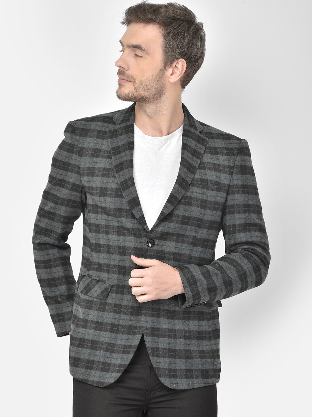 

Canary London Men Grey & Black Checked Single-Breasted Tweed Blazer
