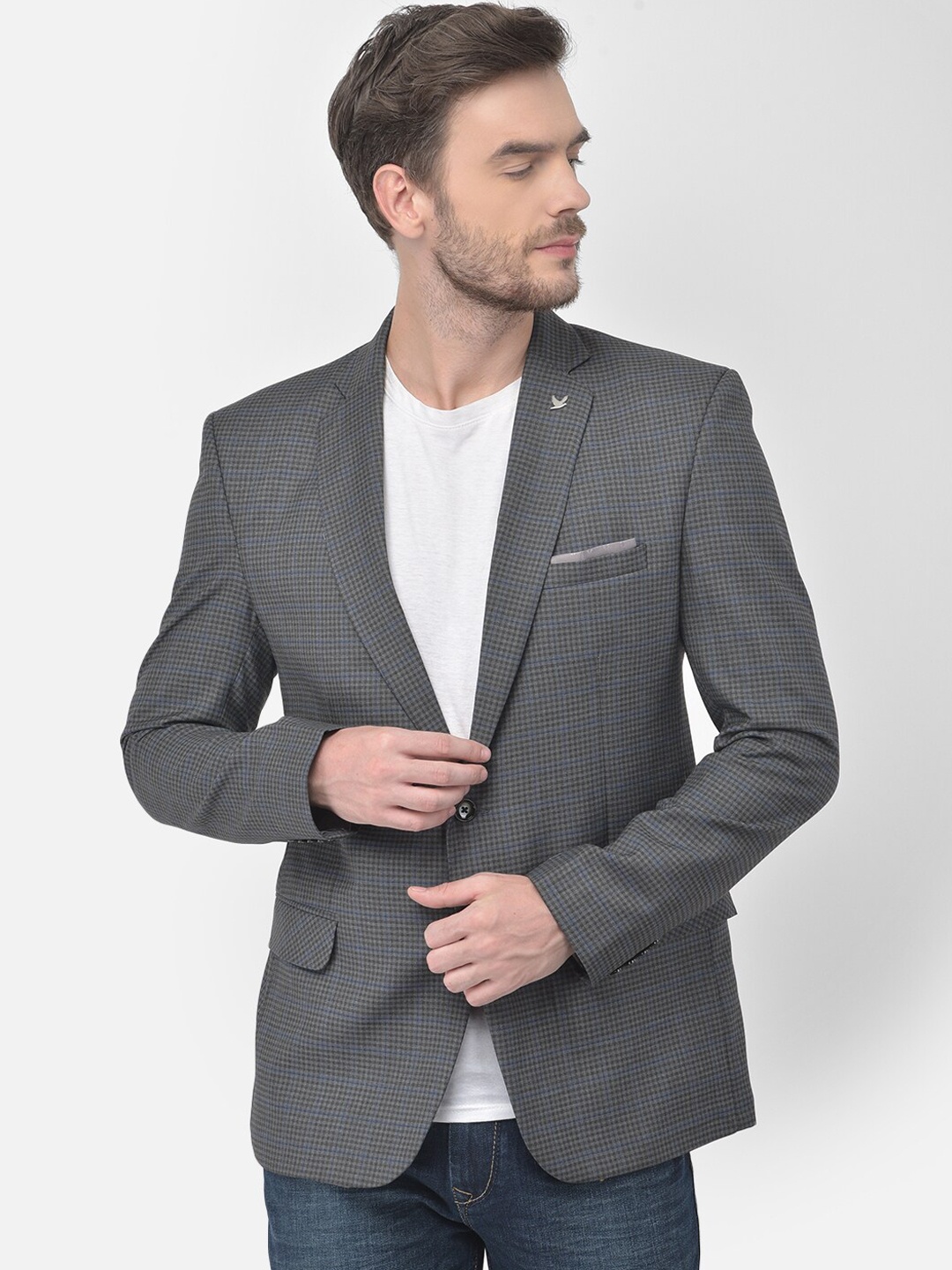 

Canary London Men Grey & Blue Checked Slim-Fit Single-Breasted Casual Blazer