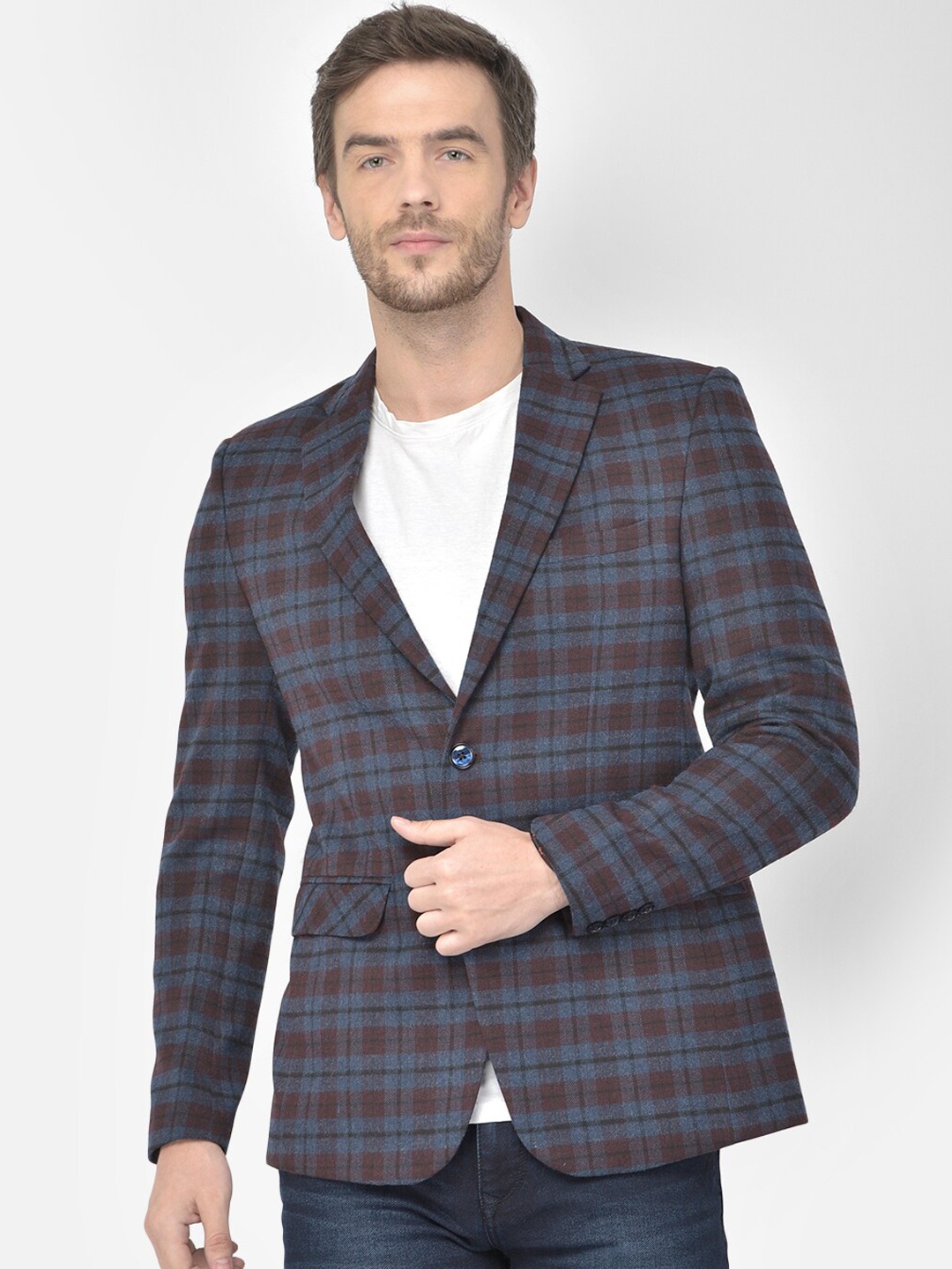 

Canary London Men Navy Blue & Maroon Checked Slim-Fit Single-Breasted Casual Blazer