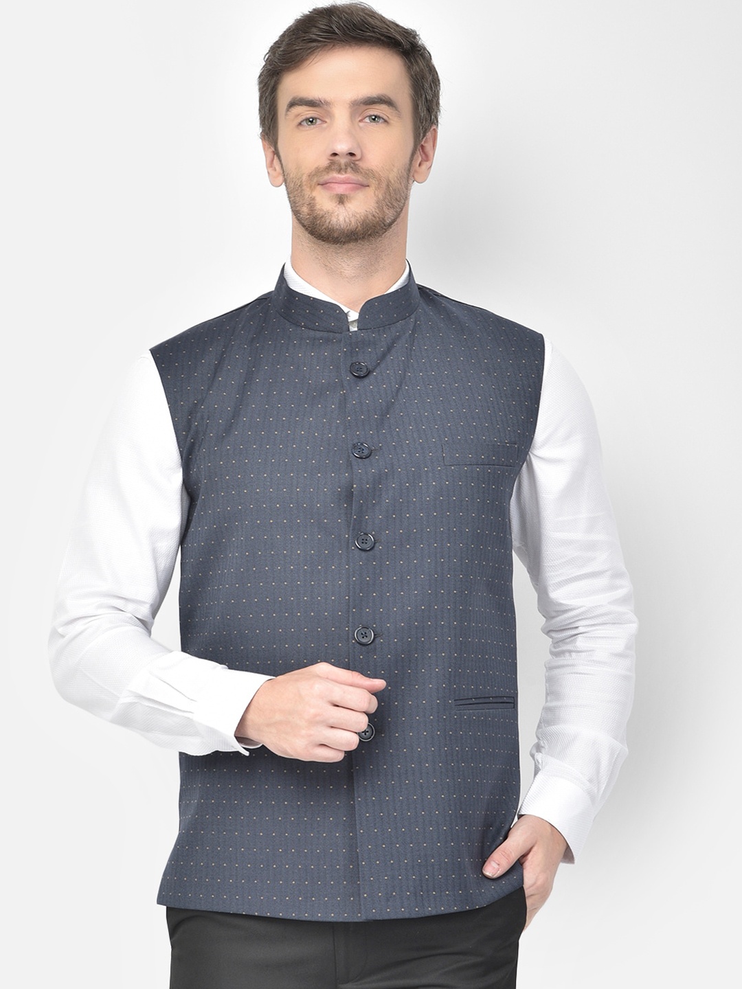 

Canary London Navy Printed Slim Fit Nehru Waistcoat, Navy blue