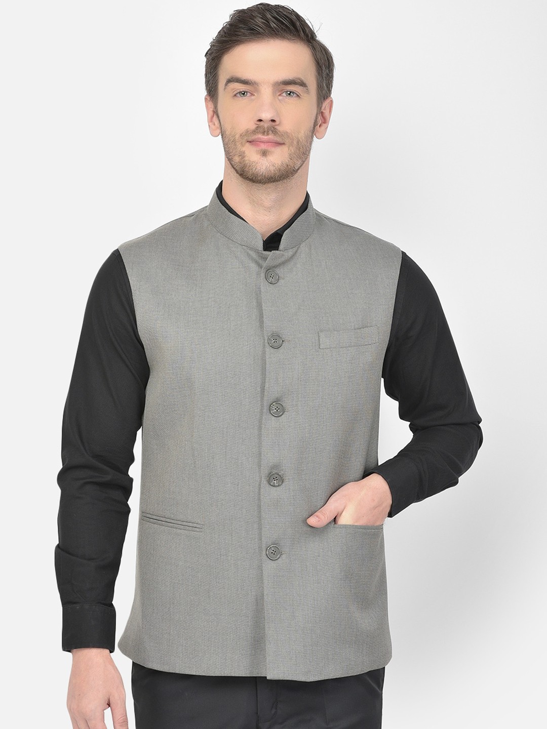 

Canary London Men Grey Solid Dobby Slim Fit Nehru Jacket