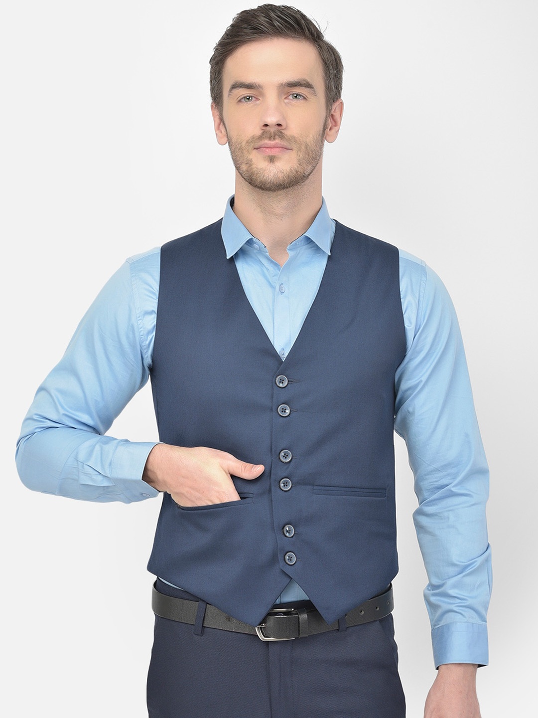 

Canary London Men Blue Solid Woven Waistcoat