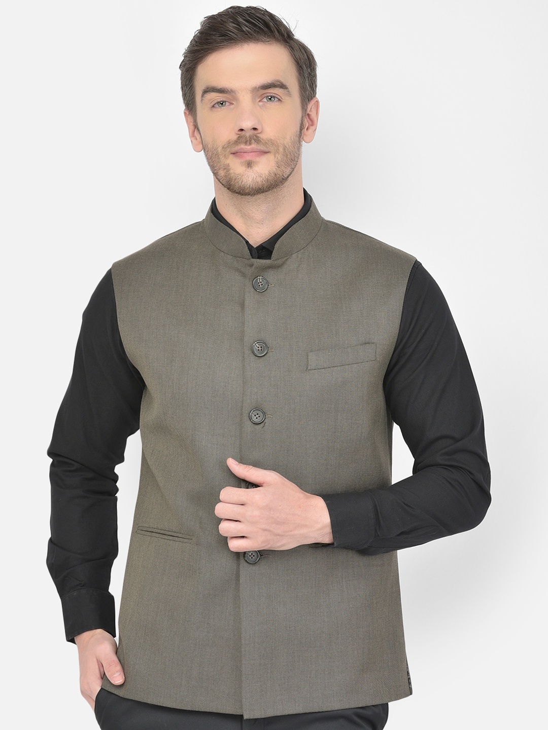 

Canary London Men Grey Slim Fit Nehru Waistcoat