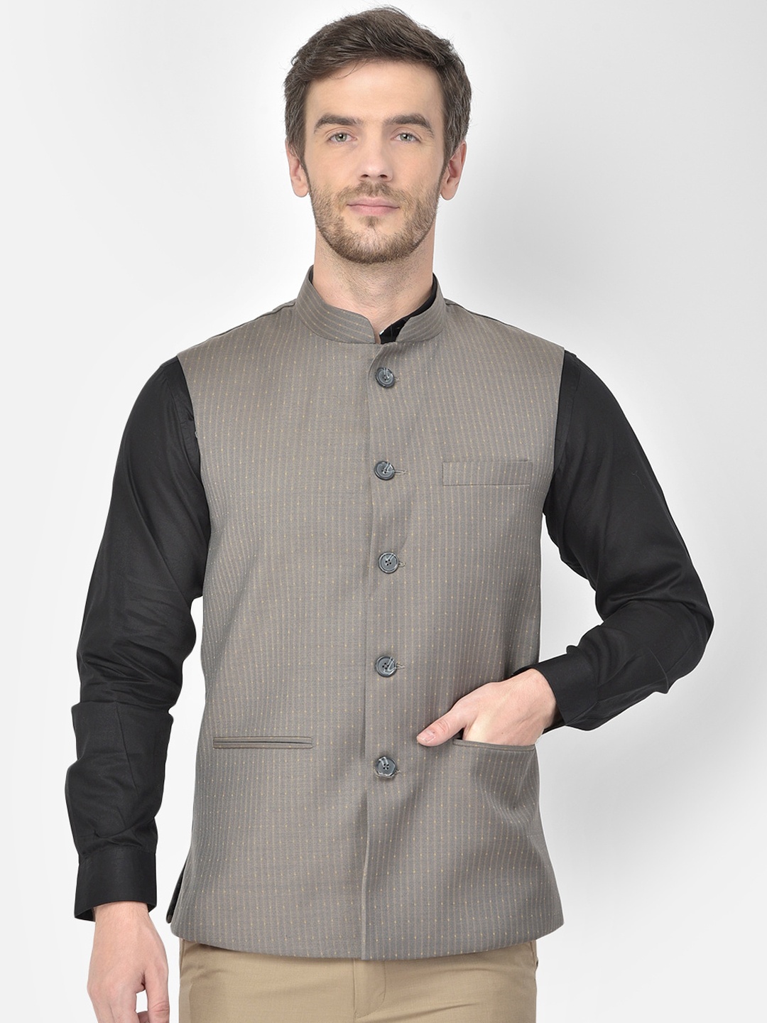

Canary London Brown Striped Slim Fit Nehru Jacket