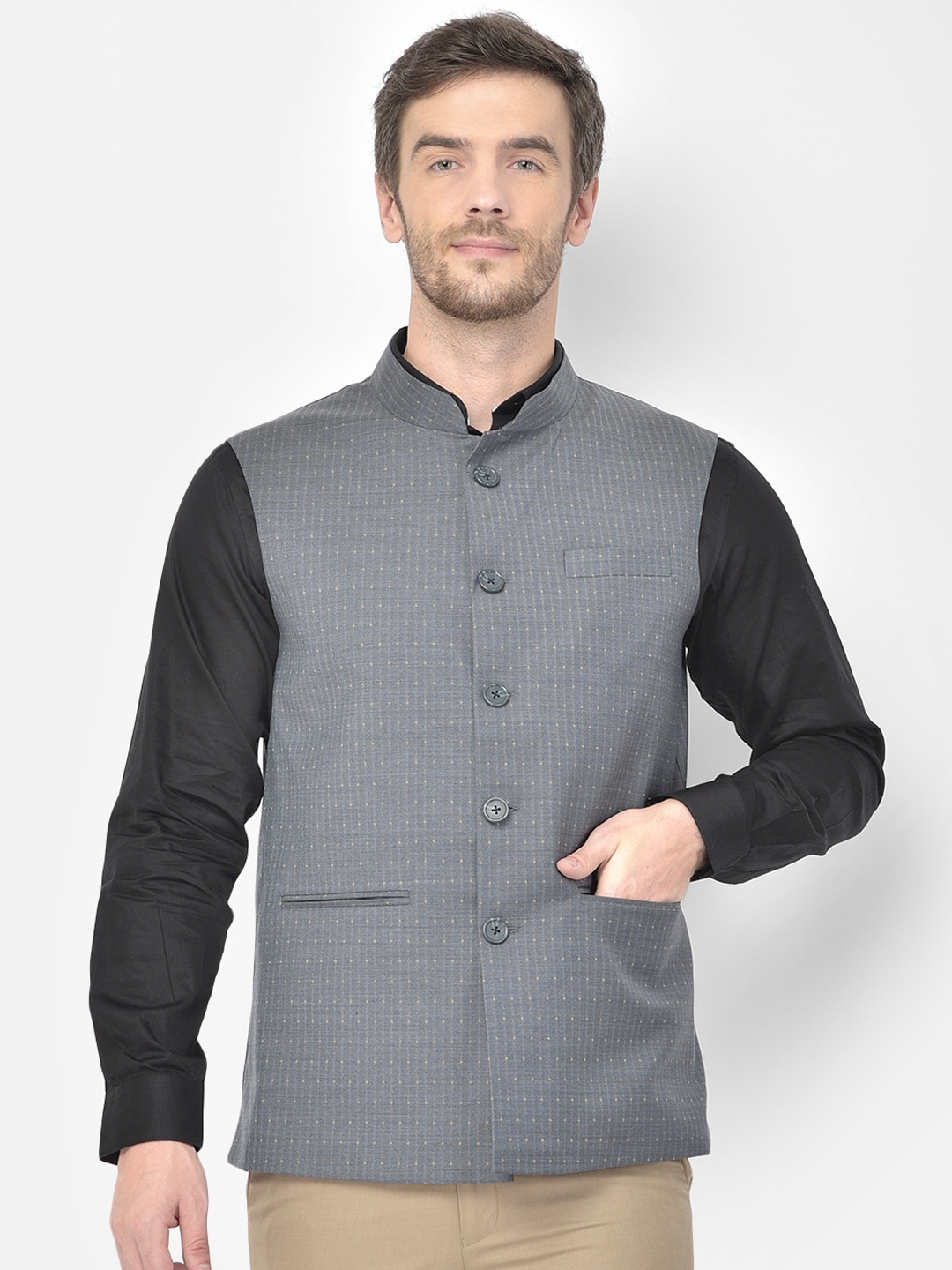 

Canary London Men Dark Grey Printed Nehru Waistcoat, Charcoal