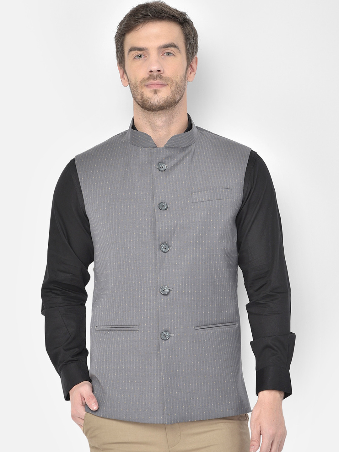 

Canary London Men Grey Striped Nehru Jacket