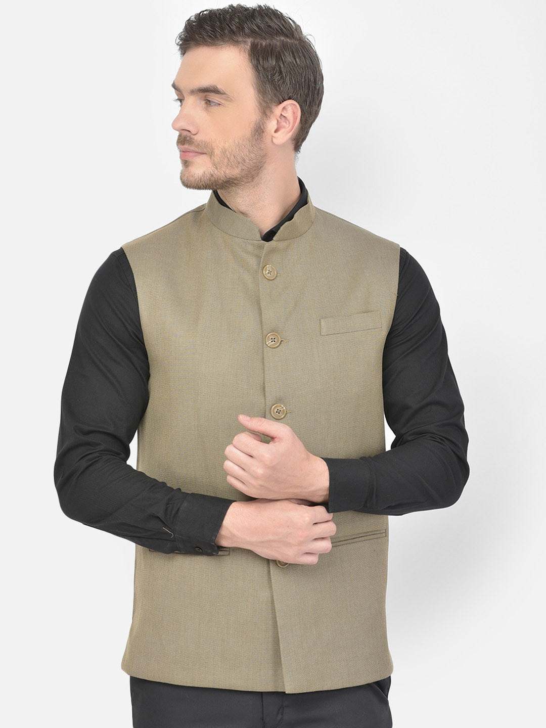 

Canary London Men Beige Dobby Slim Fit Formal Nehru Waistcoat