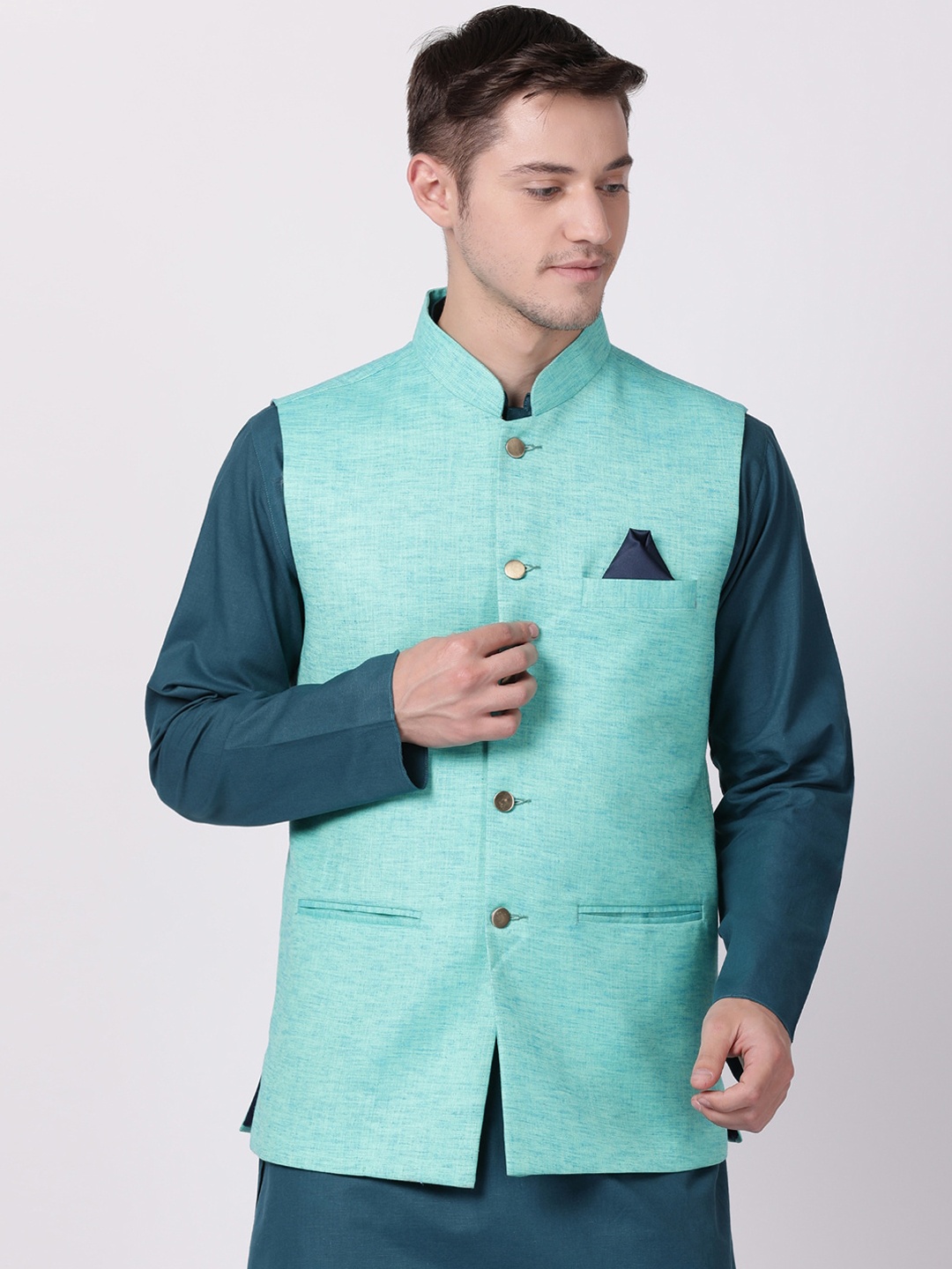 

TABARD Men Sea-Green Solid Pure Cotton Woven Nehru Jacket