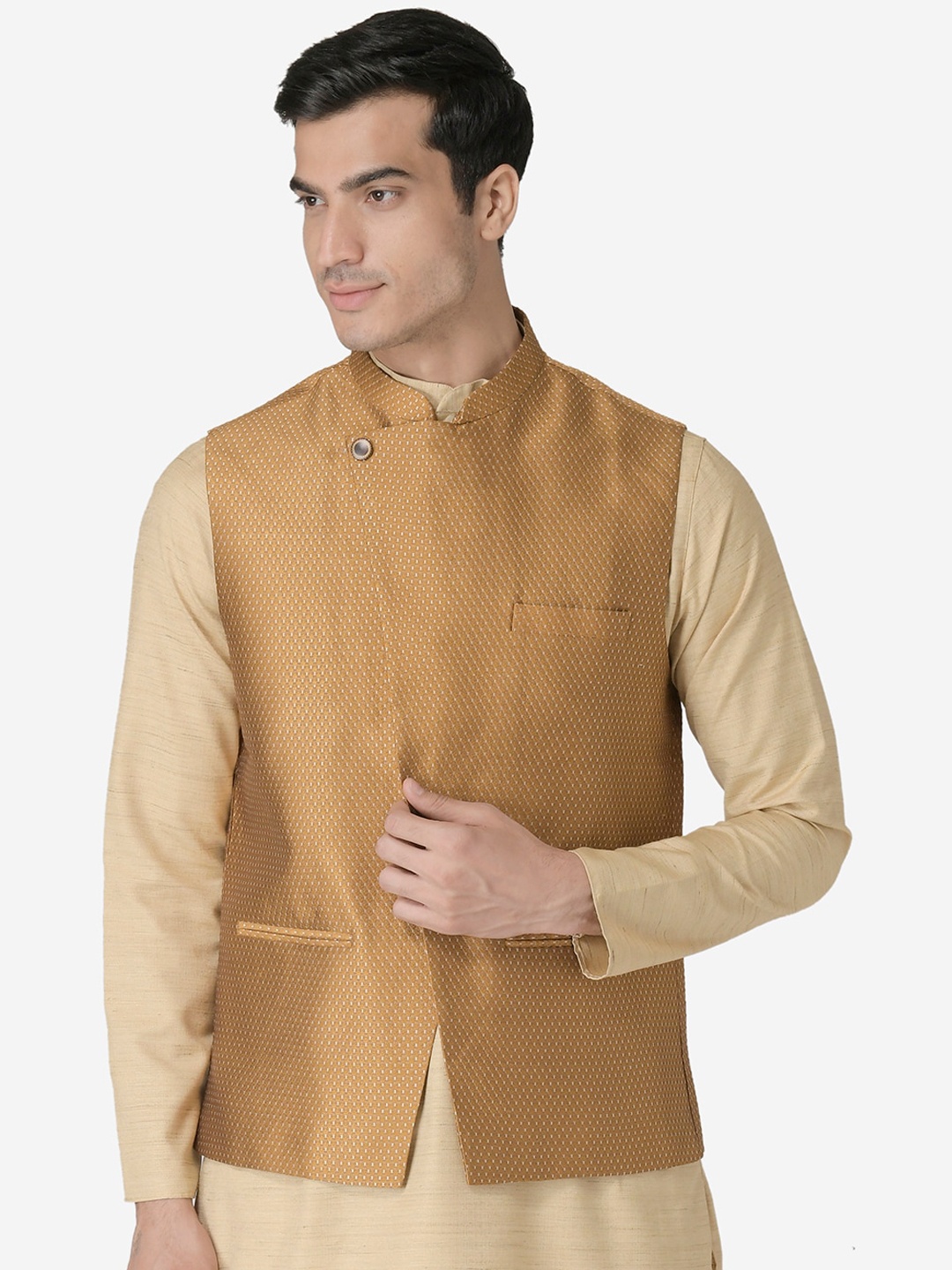 

TABARD Men Mustard-Yellow Woven Design Nehru Jacket