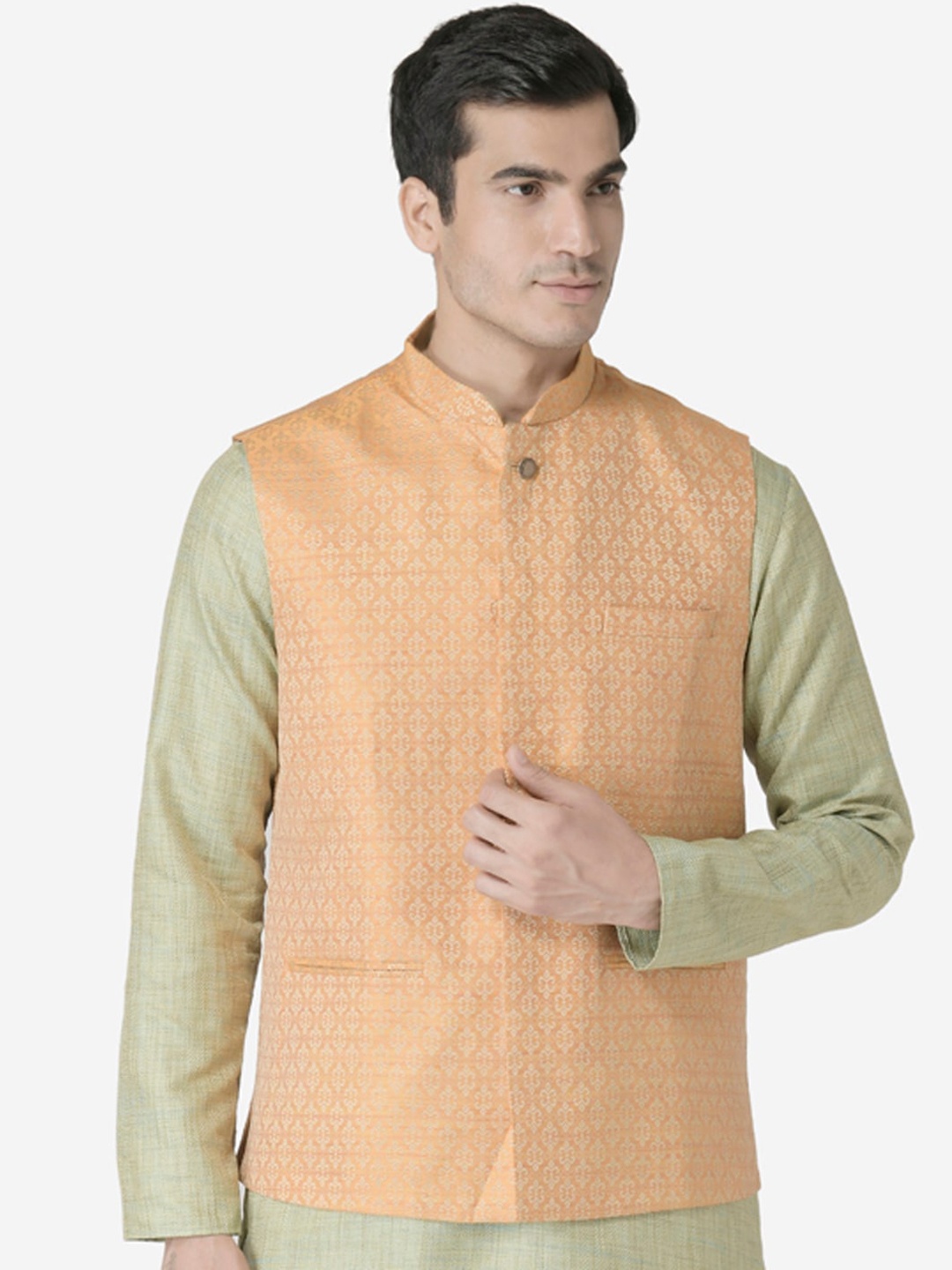 

TABARD Men Orange Woven Design Nehru Jacket