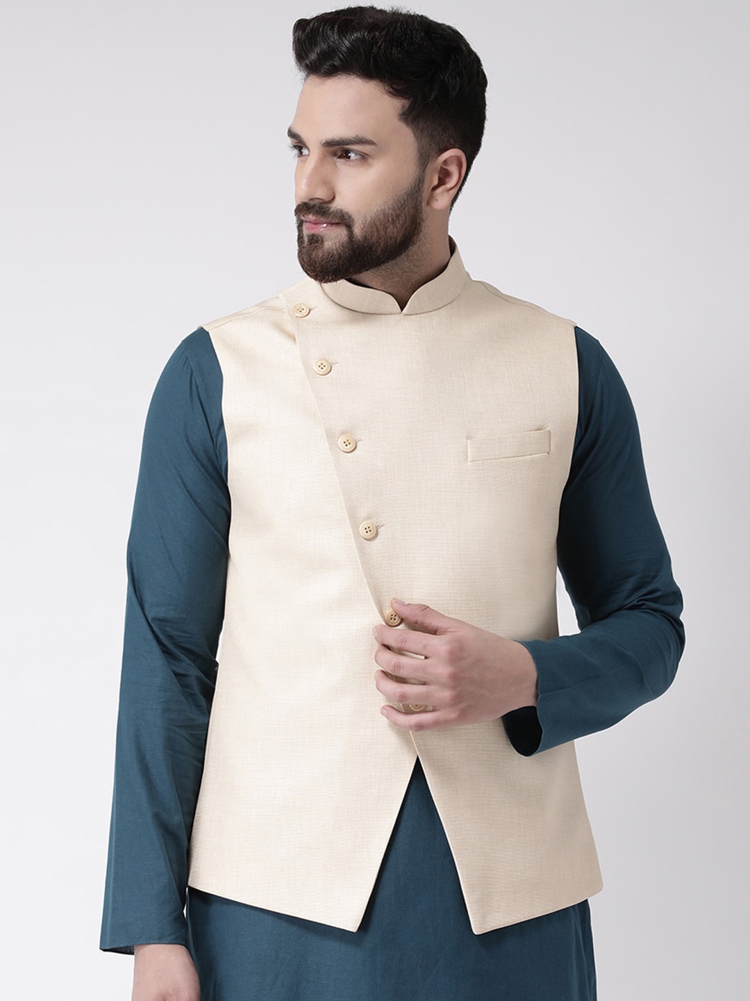 

TABARD Men Off-White Solid Pure Cotton Woven Nehru Jacket