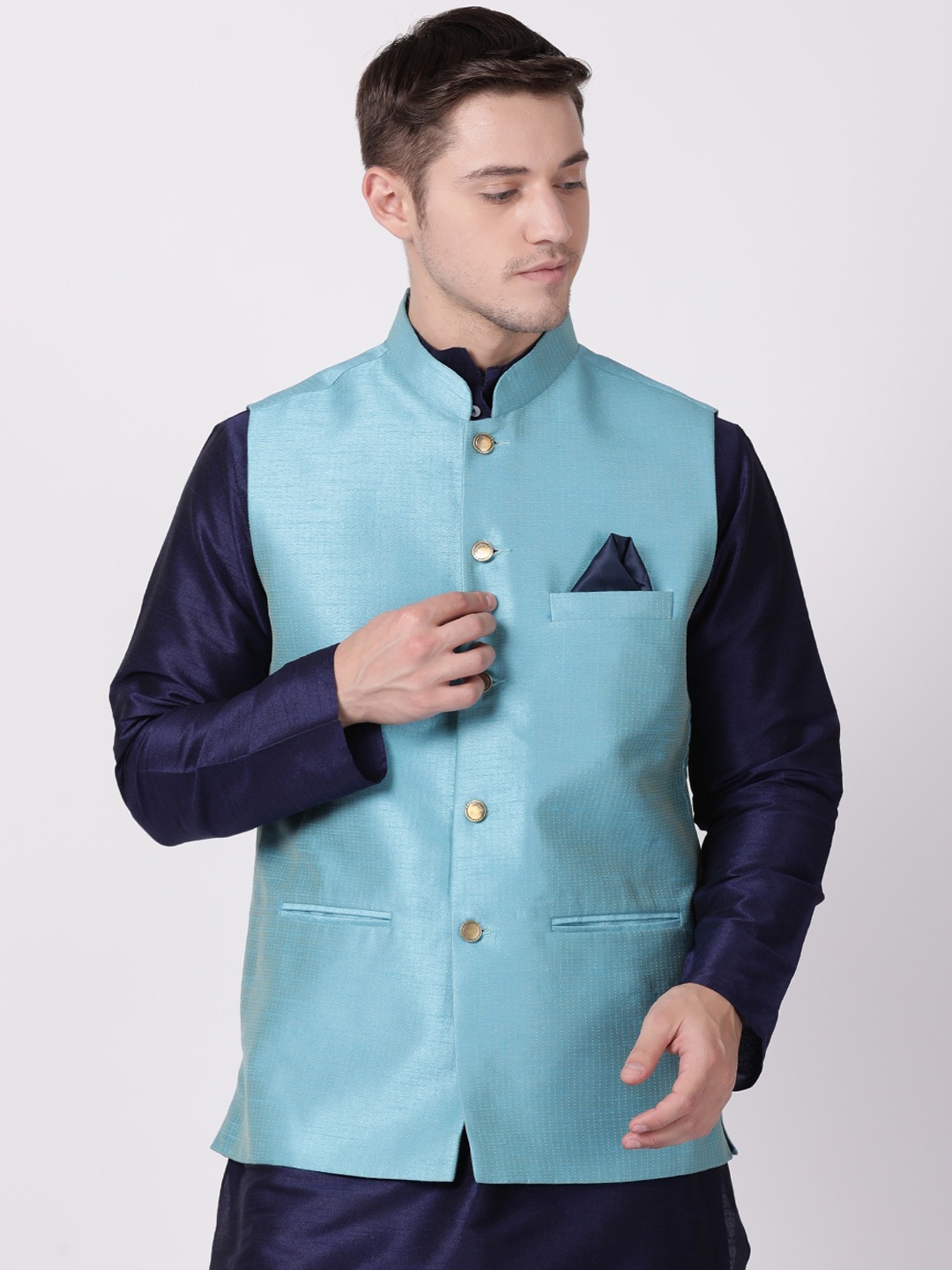 

TABARD Men Blue Striped Woven Nehru Jacket
