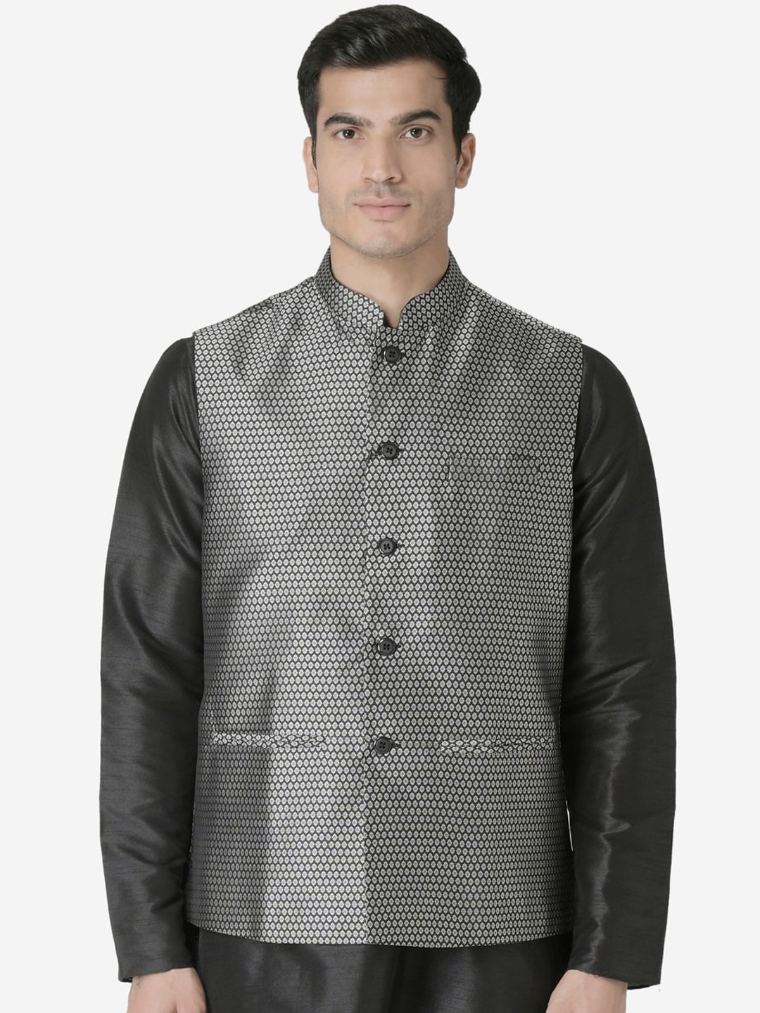 

TABARD Men Silver-Coloured & Black Printed Woven Nehru Jacket