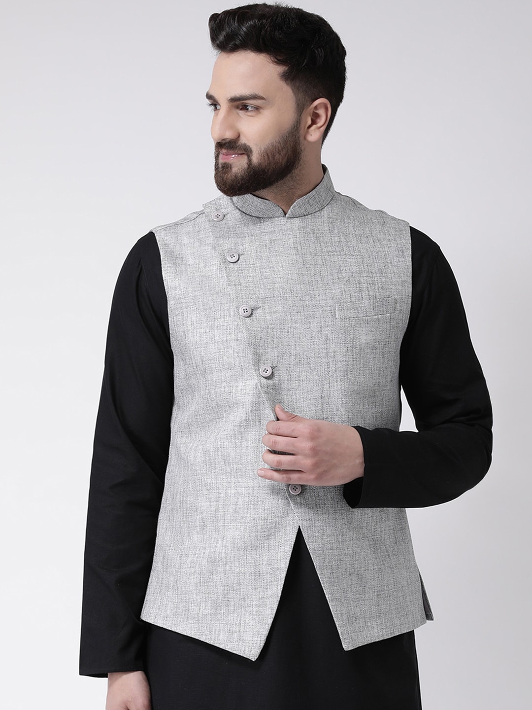 

TABARD Men Silver-Colored Solid Pure Cotton Woven Nehru Jacket