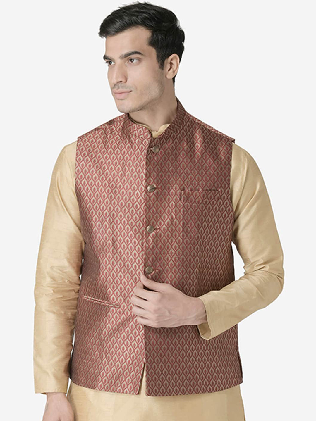 

TABARD Men Maroon & Gold-Coloured Woven Design Nehru Jacket