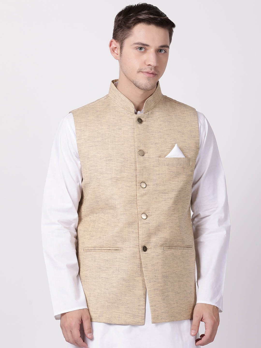 

TABARD Men Beige Solid Woven Nehru Jacket