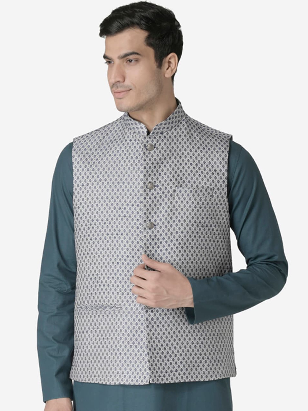

TABARD Men Grey & Navy Blue Woven Design Nehru Jacket
