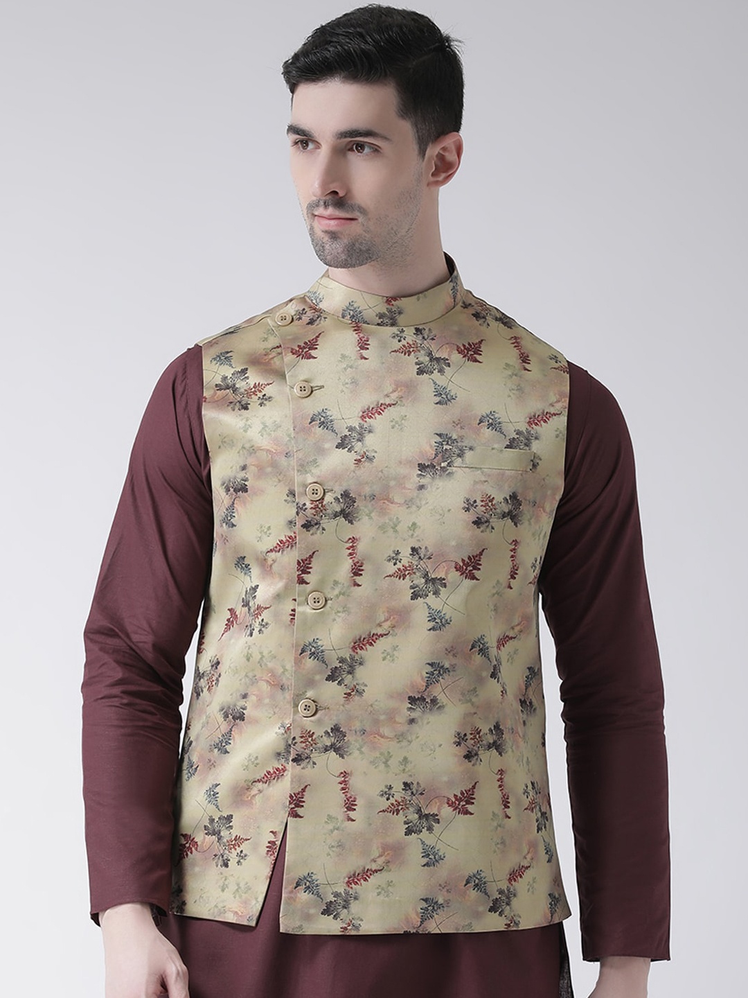 

TABARD Men Beige & Green Floral Printed Pure Cotton Woven Nehru Jacket