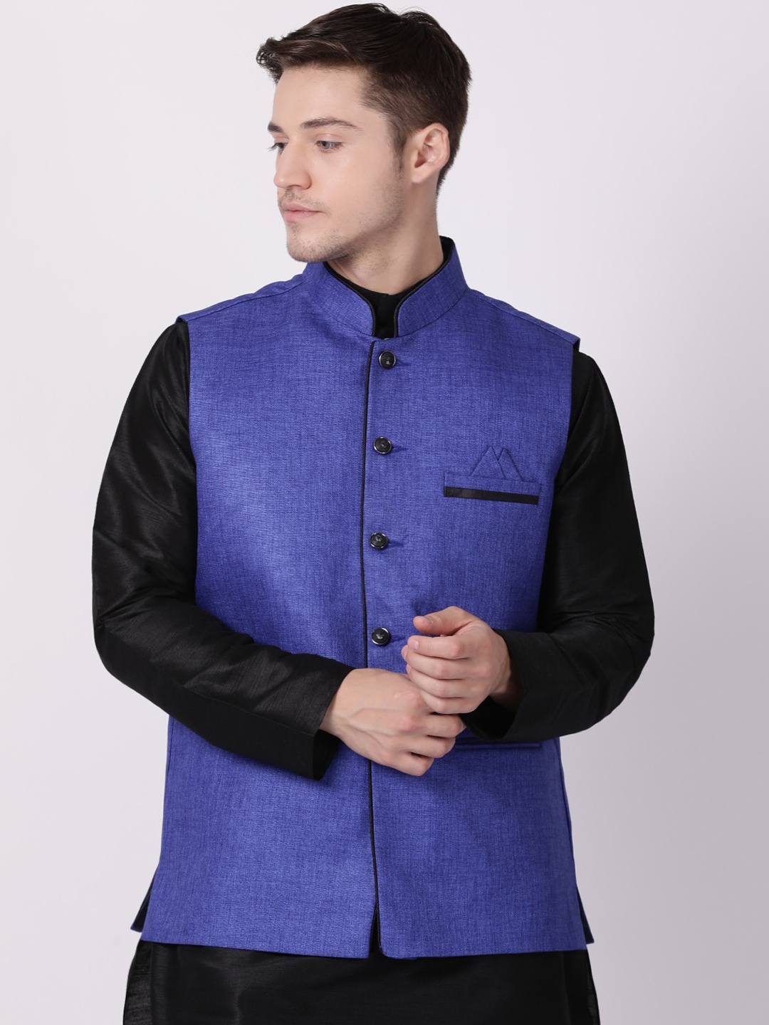 

TABARD Men Blue Solid Woven Pure Cotton Nehru Jacket
