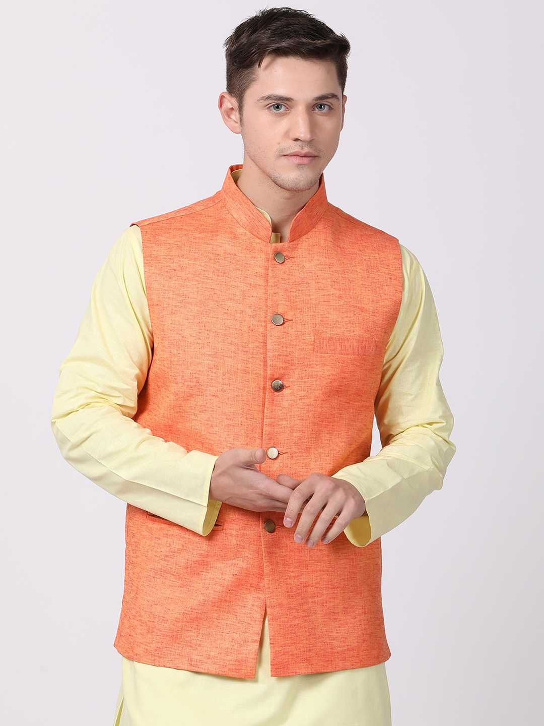 

TABARD Men Orange Solid Pure Cotton Woven Nehru Jacket