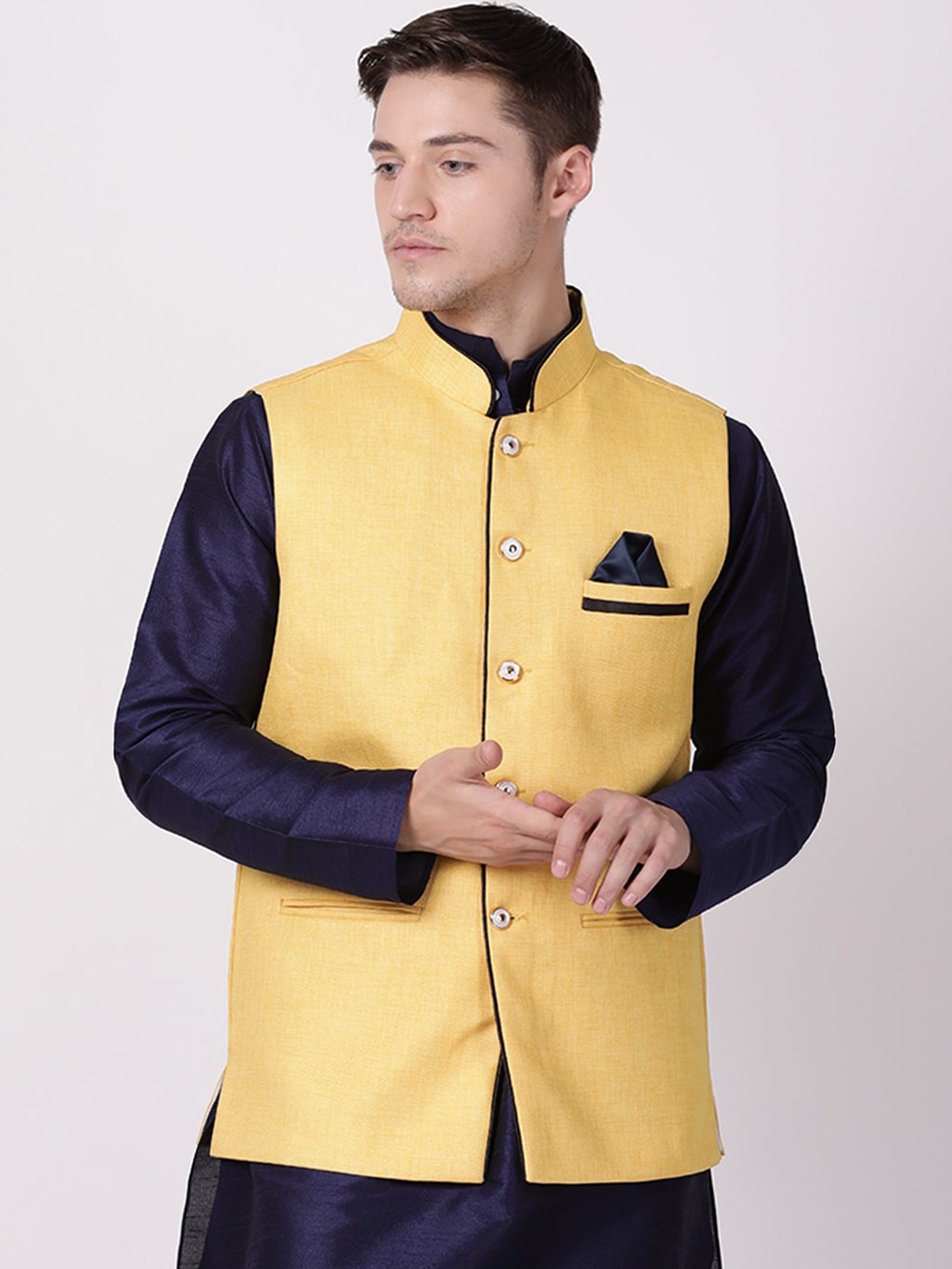 

TABARD Men Yellow Solid Pure Cotton Woven Nehru Jacket