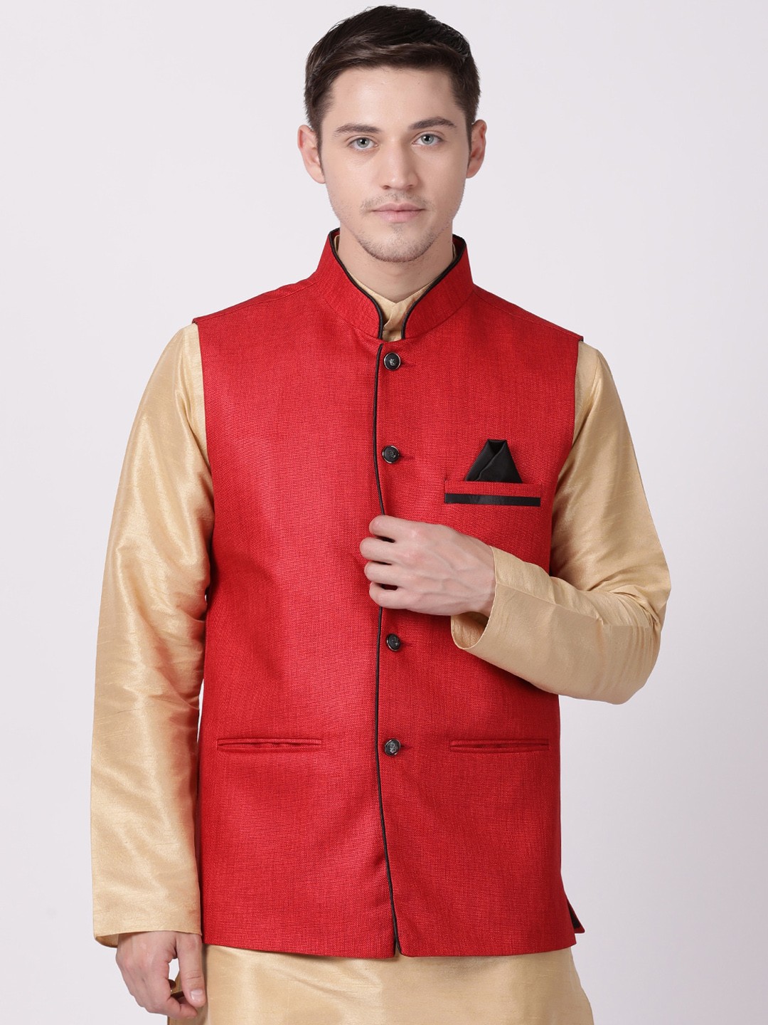 

TABARD Men Red Woven Solid Cotton Nehru Jacket
