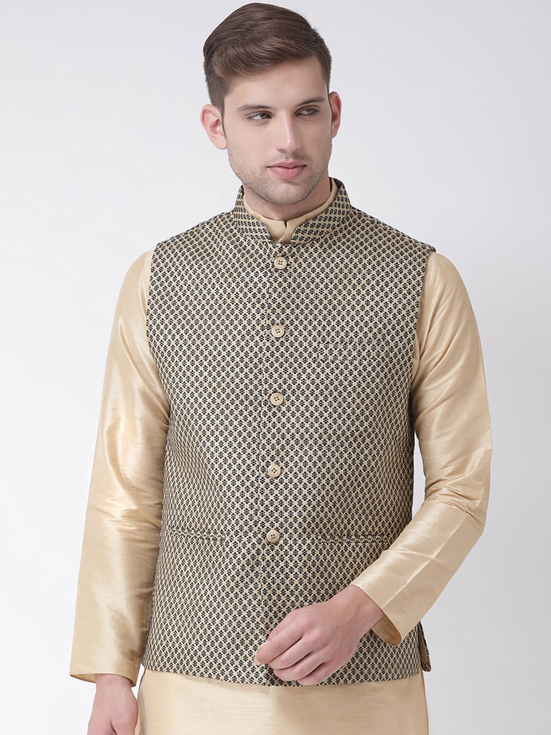 

TABARD Men Black & Beige Woven Design Nehru Jacket