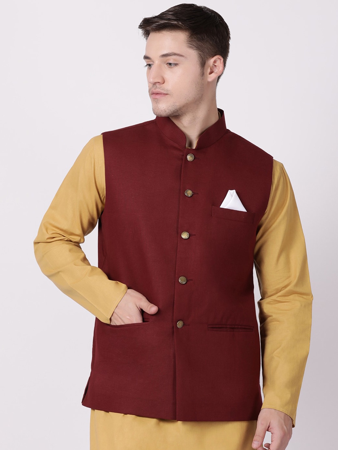 

TABARD Men Maroon Solid Pure Cotton Woven Nehru Jacket
