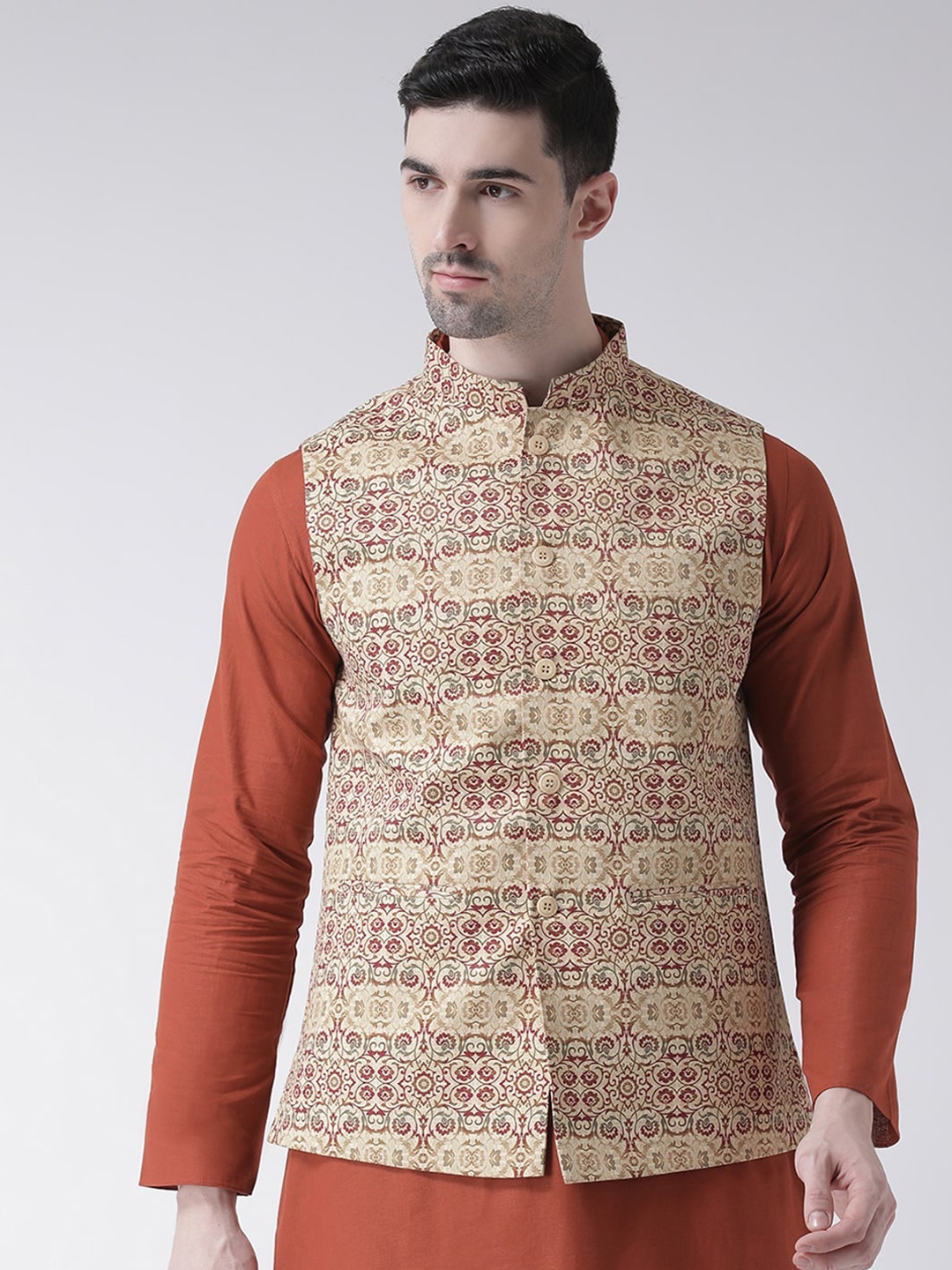 

TABARD Men Beige & Red Ethnic Motifs Printed Nehru Jacket